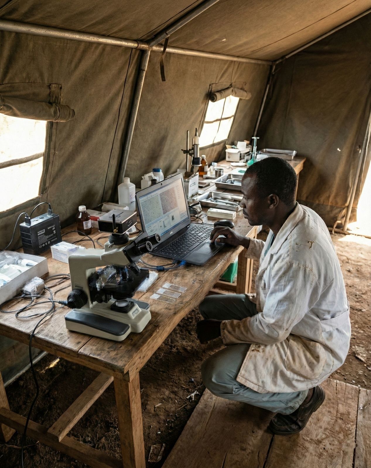 Close-up of a scientist examining samples under a microscope in a lab setting.